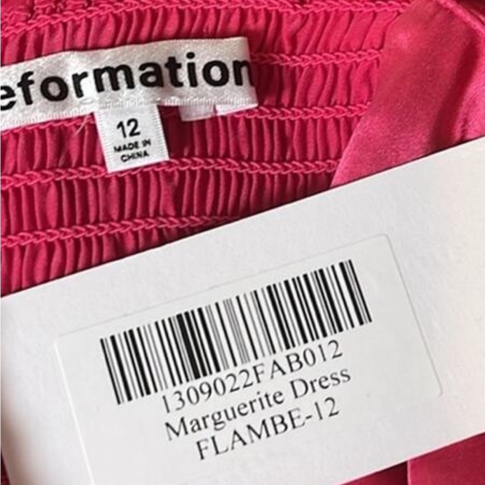 Reformation Marguerite Flambe Pink Silk Dress Midi Smocked Size 12 - Picture 3 of 3